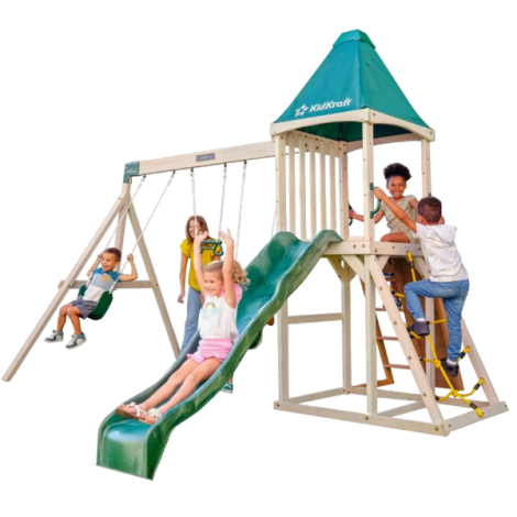 Complex de joaca din lemn cu 3 leagane, tobogan si plasa de catarat Emerald Challenge - imagine 12